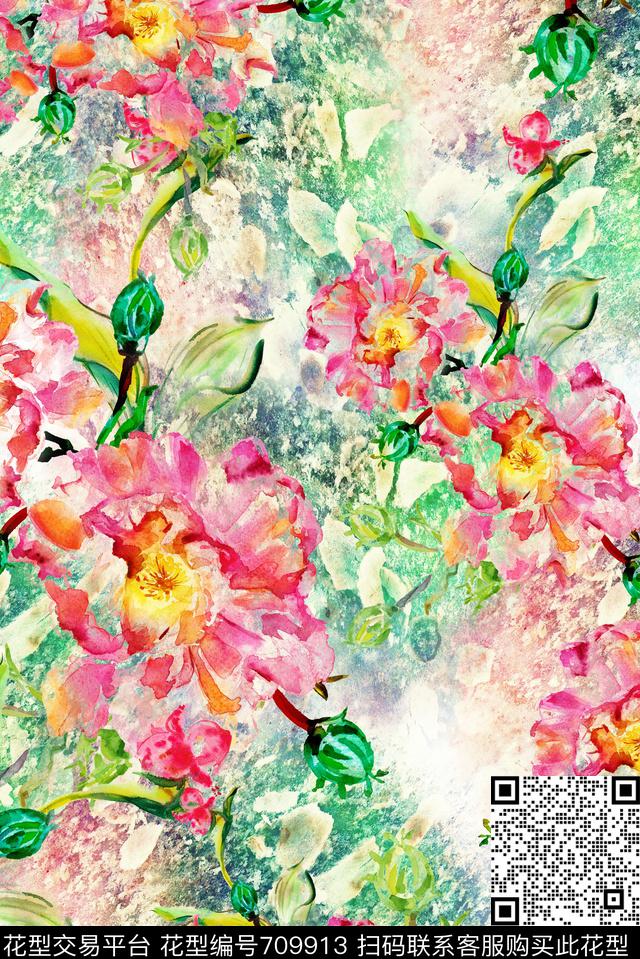 手绘水彩花卉数码印花华亿平台下载（图片编号: 709913） - 瓦栏（Walan）