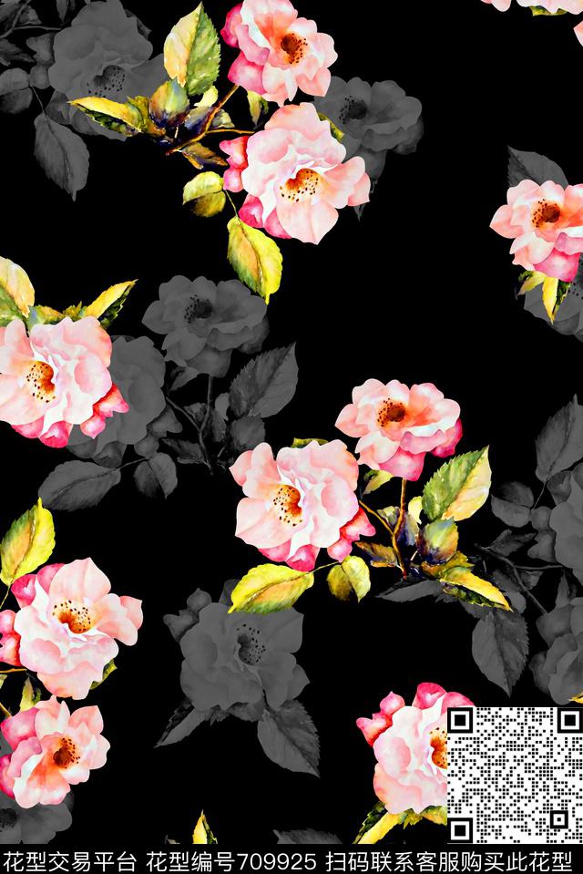 抽象手绘满版大花卉最新高清数码水彩花卉时尚潮流大牌欧美风女装花卉数码印花华亿平台下载（图片编号: 709925） - 瓦栏（Walan）