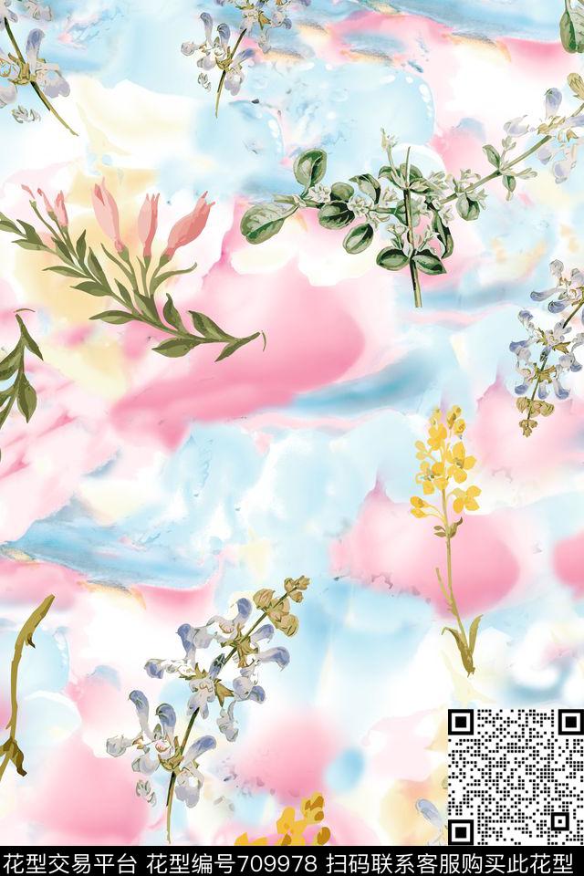 女装花鸟植物水彩水粉数码印花华亿平台下载（图片编号: 709978） - 瓦栏（Walan）