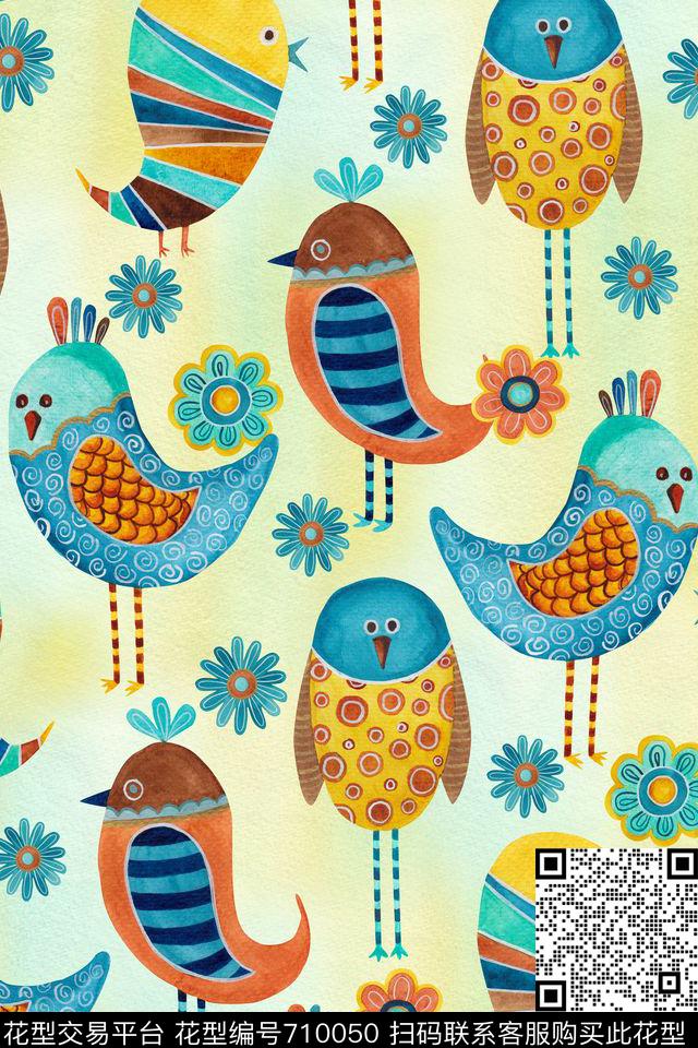 卡通小鸟、小花数码印花华亿平台下载（图片编号: 710050） - 瓦栏（Walan）