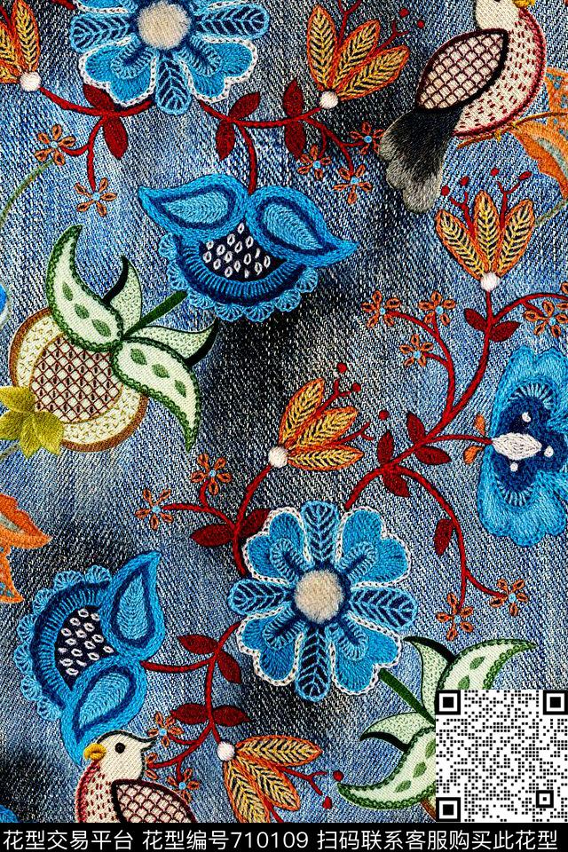 休闲牛仔花卉数码印花华亿平台下载（图片编号: 710109） - 瓦栏（Walan）