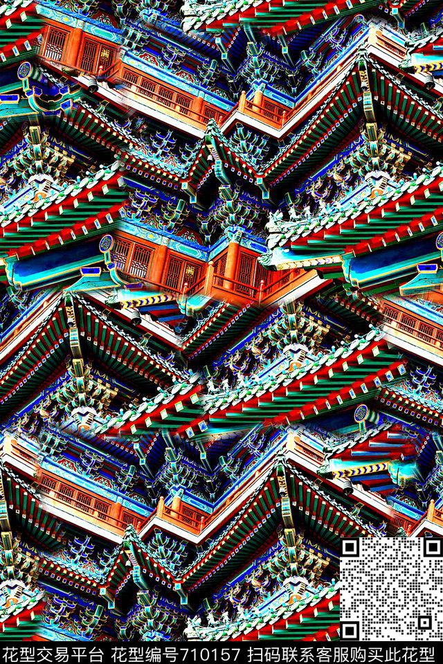 抽象手绘油画中国风建筑印花时尚大牌女装夹克外套复古潮流印花彩绘印花数码印花华亿平台下载（图片编号: 710157） - 瓦栏（Walan）