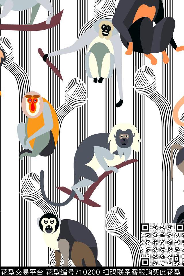 猴子线条卡通动物传统印花华亿平台下载（图片编号: 710200） - 瓦栏（Walan）