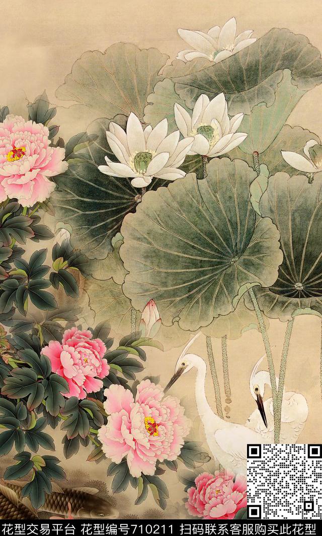 荷花国画中国风数码印花华亿平台下载（图片编号: 710211） - 瓦栏（Walan）