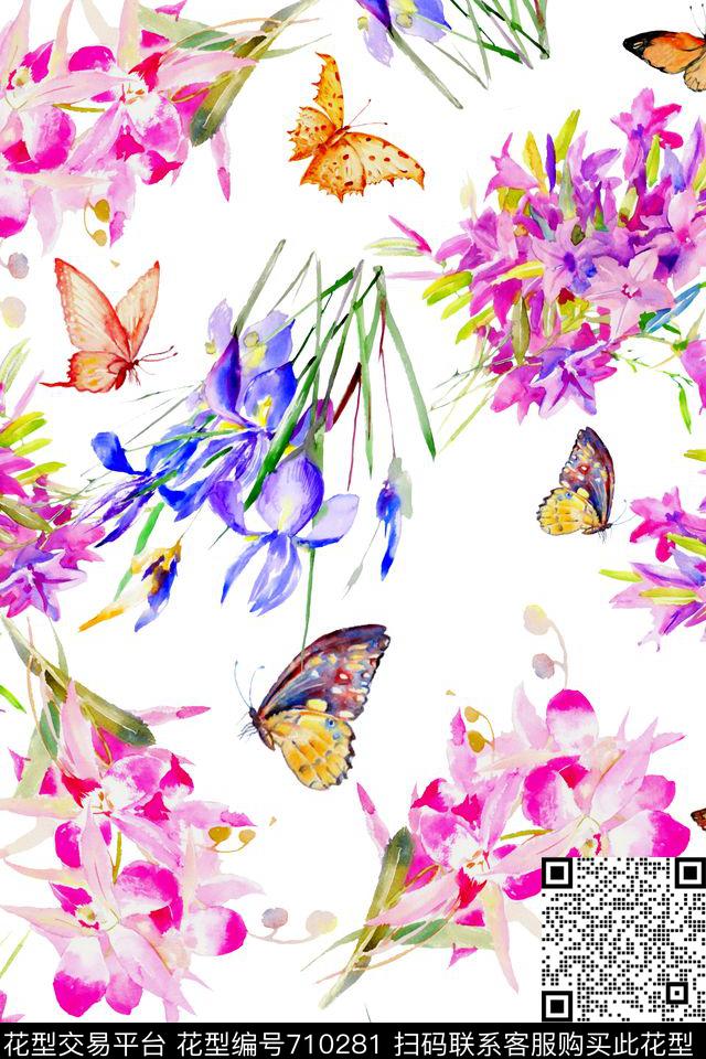 花卉蝴蝶乱花数码印花华亿平台下载（图片编号: 710281） - 瓦栏（Walan）