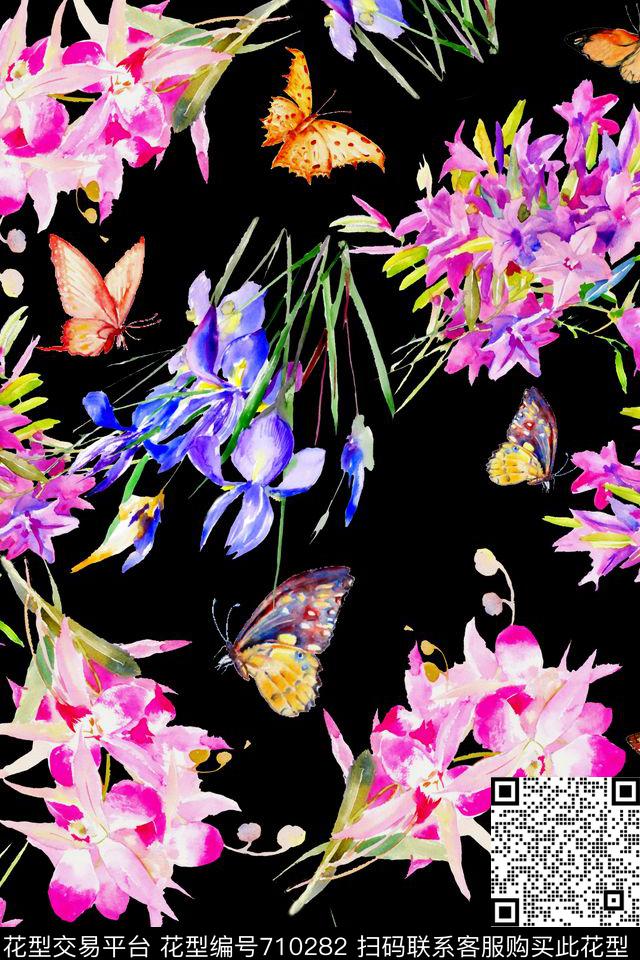 花卉蝴蝶乱花数码印花华亿平台下载（图片编号: 710282） - 瓦栏（Walan）