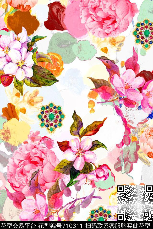 珠宝水墨彩绘玉兰花数码印花华亿平台下载（图片编号: 710311） - 瓦栏（Walan）