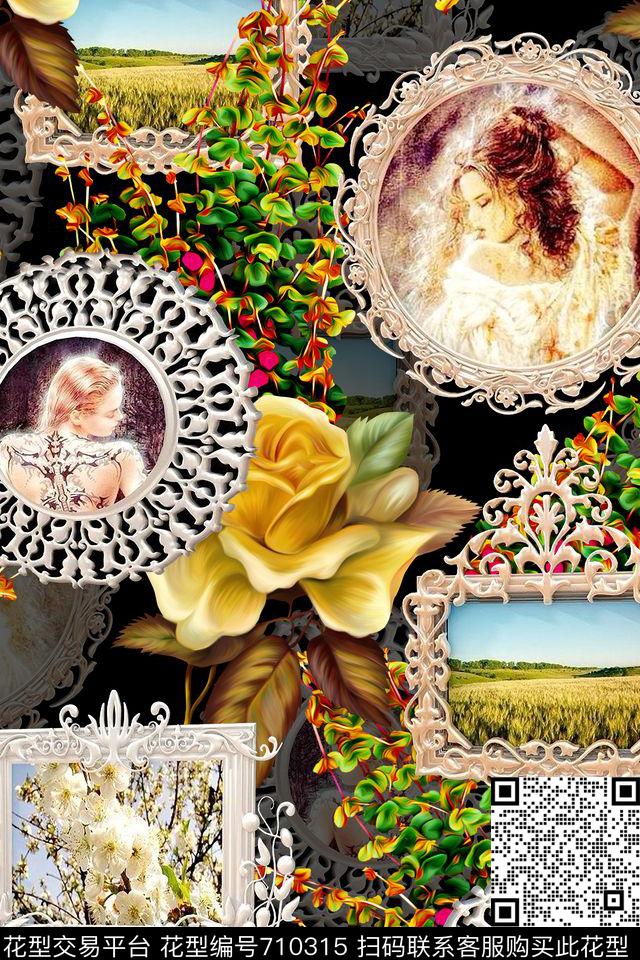 花朵几何相框数码印花华亿平台下载（图片编号: 710315） - 瓦栏（Walan）