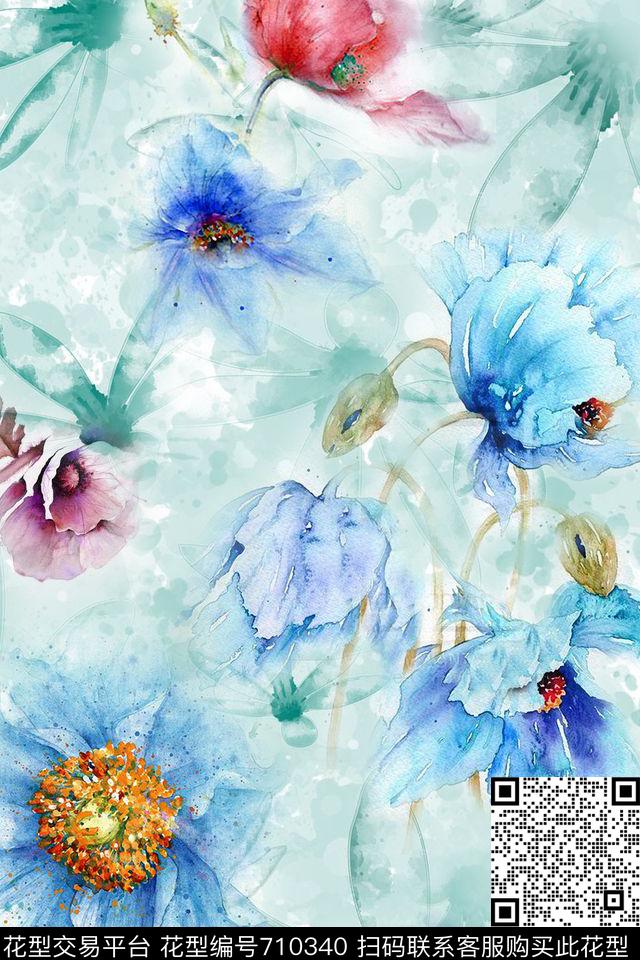 水彩花卉清新满花数码印花华亿平台下载（图片编号: 710340） - 瓦栏（Walan）