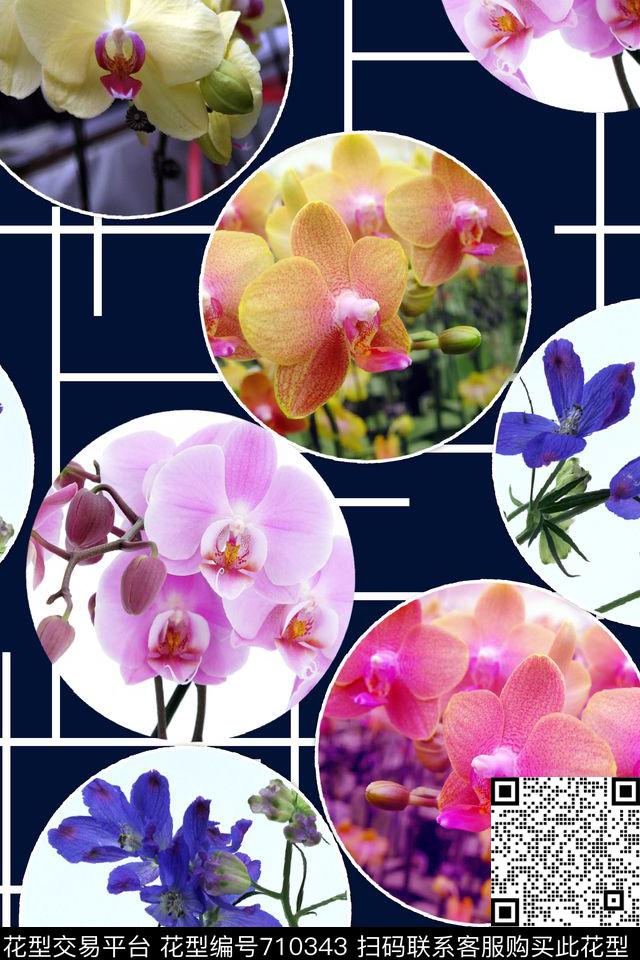 花卉圆圈线条数码印花华亿平台下载（图片编号: 710343） - 瓦栏（Walan）
