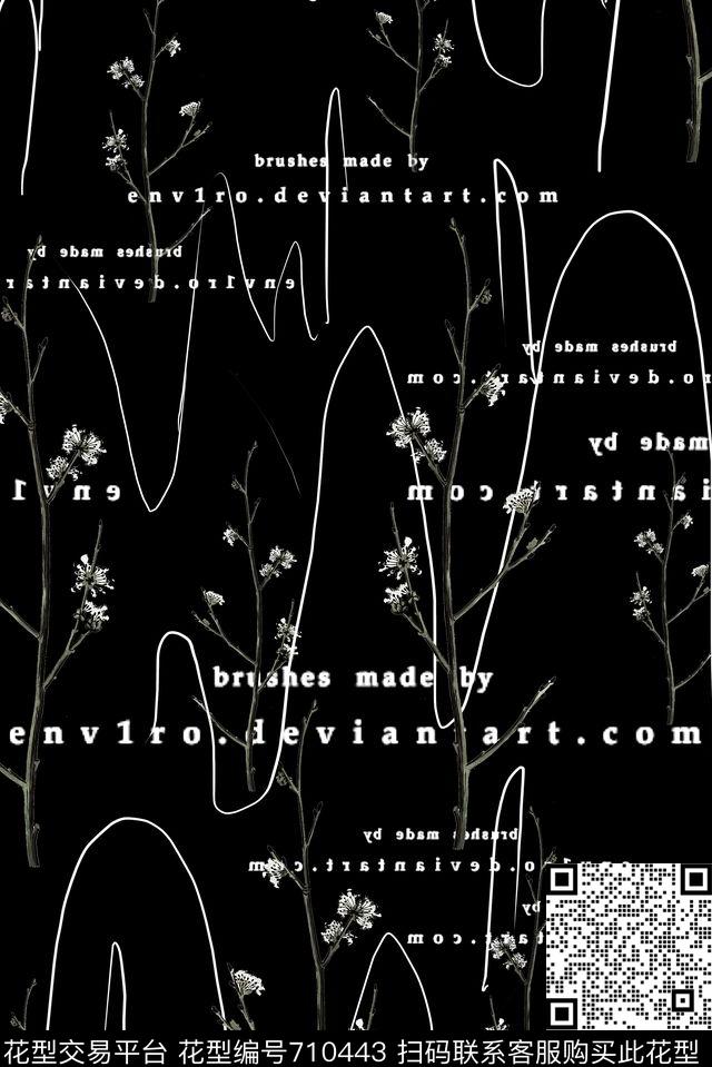 手绘山脉花卉树枝传统印花华亿平台下载（图片编号: 710443） - 瓦栏（Walan）