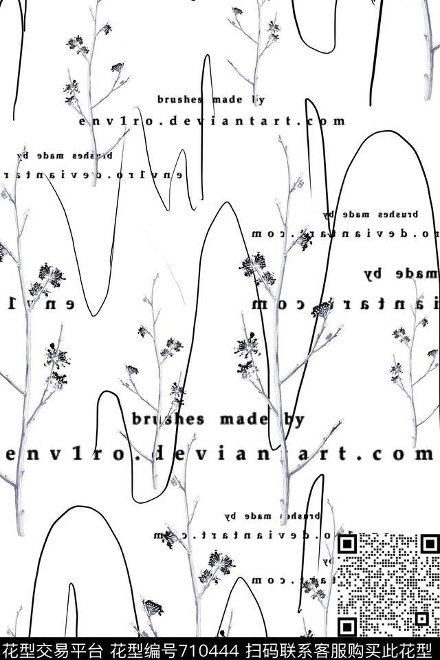 手绘山脉花卉树枝传统印花华亿平台下载（图片编号: 710444） - 瓦栏（Walan）