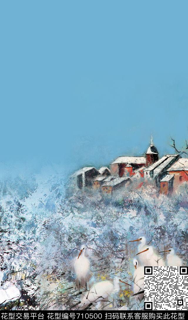 白鹭油画房子数码印花华亿平台下载（图片编号: 710500） - 瓦栏（Walan）