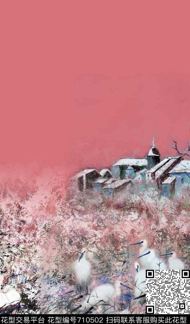 白鹭油画房子数码印花华亿平台下载（图片编号: 710502） - 瓦栏（Walan）