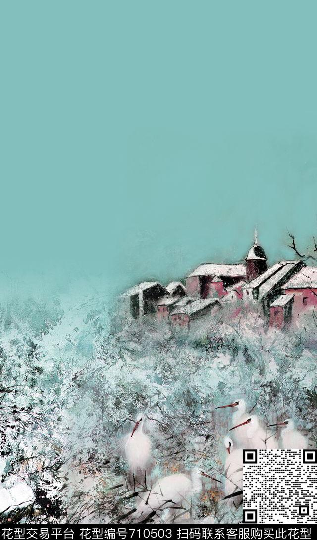 白鹭油画房子数码印花华亿平台下载（图片编号: 710503） - 瓦栏（Walan）