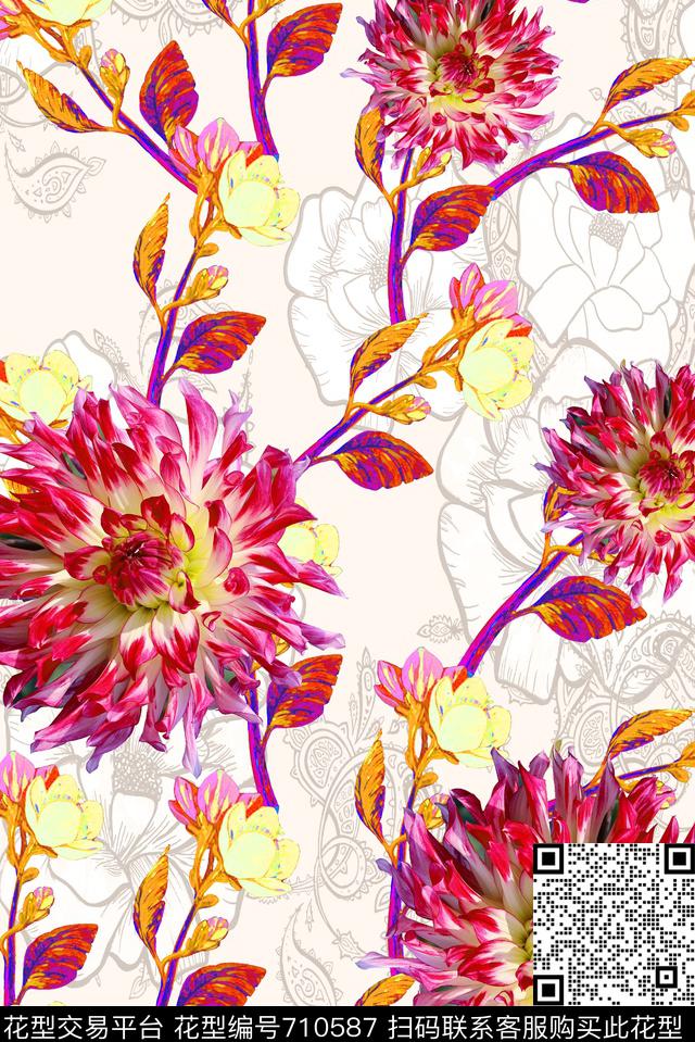 MAX-女装花卉几何线条花卉手绘树叶数码印花华亿平台下载（图片编号: 710587） - 瓦栏（Walan）