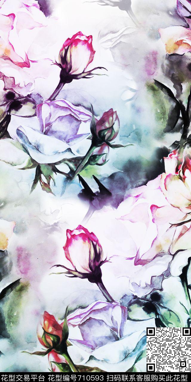 大花玫瑰花卉数码印花华亿平台下载（图片编号: 710593） - 瓦栏（Walan）