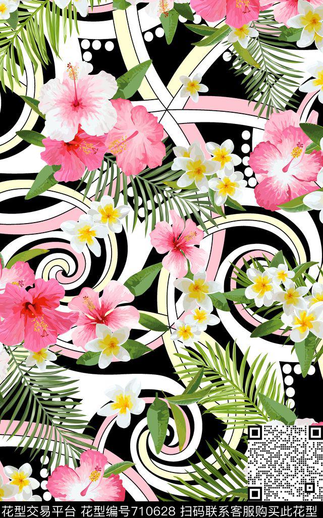 花朵热带风漩涡数码印花华亿平台下载（图片编号: 710628） - 瓦栏（Walan）