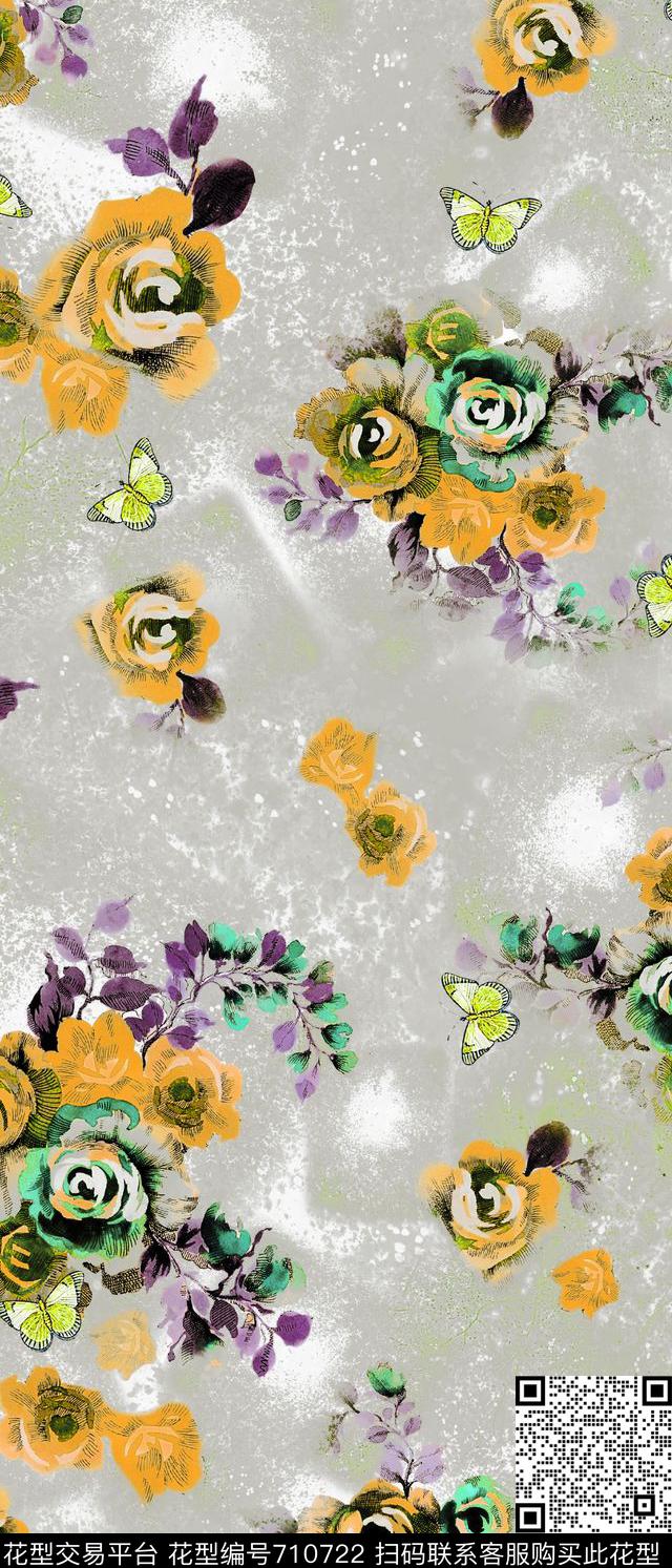 花卉复古花卉抽象花卉数码印花华亿平台下载（图片编号: 710722） - 瓦栏（Walan）