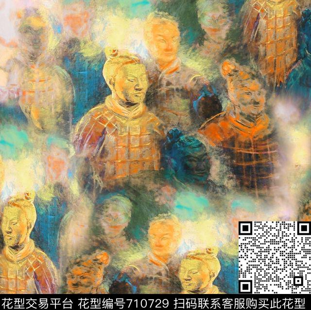 兵马俑复古人物几何数码印花华亿平台下载（图片编号: 710729） - 瓦栏（Walan）