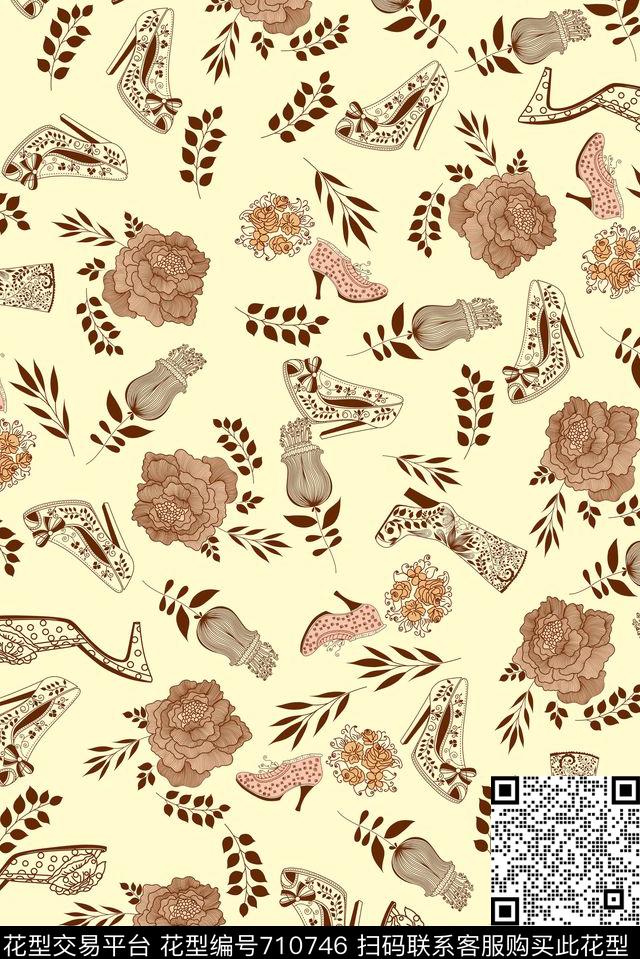 高跟鞋趣味花卉传统印花华亿平台下载（图片编号: 710746） - 瓦栏（Walan）