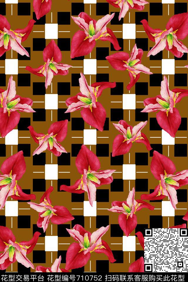 花朵花卉时尚格子数码印花华亿平台下载（图片编号: 710752） - 瓦栏（Walan）
