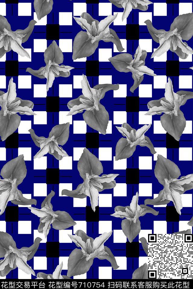 花朵花卉时尚格子数码印花华亿平台下载（图片编号: 710754） - 瓦栏（Walan）