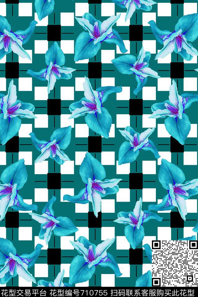 花朵花卉时尚格子数码印花华亿平台下载（图片编号: 710755） - 瓦栏（Walan）