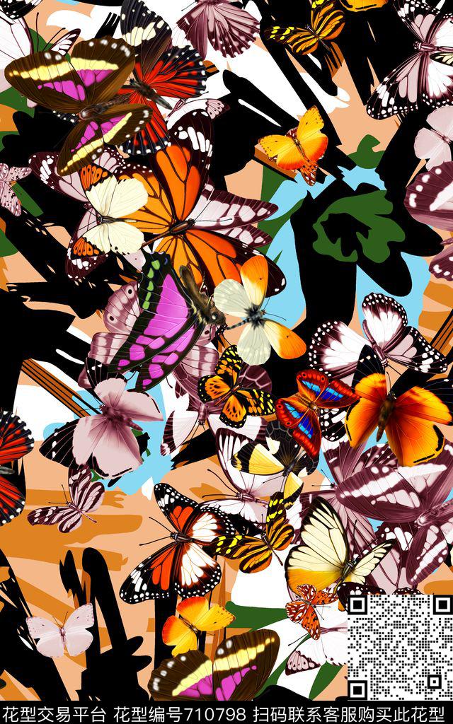 蝴蝶色块昆虫数码印花华亿平台下载（图片编号: 710798） - 瓦栏（Walan）