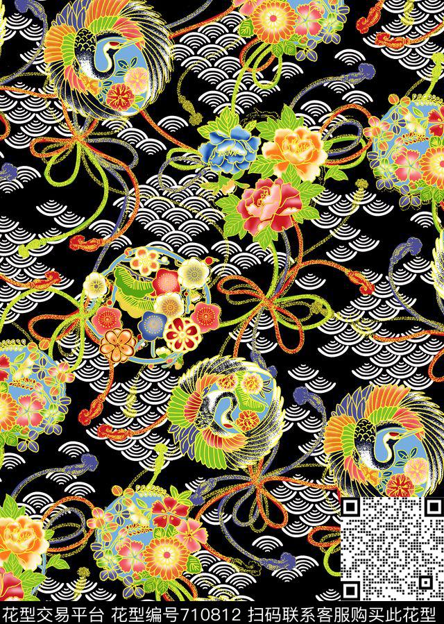 中国风仙鹤中国结数码印花华亿平台下载（图片编号: 710812） - 瓦栏（Walan）