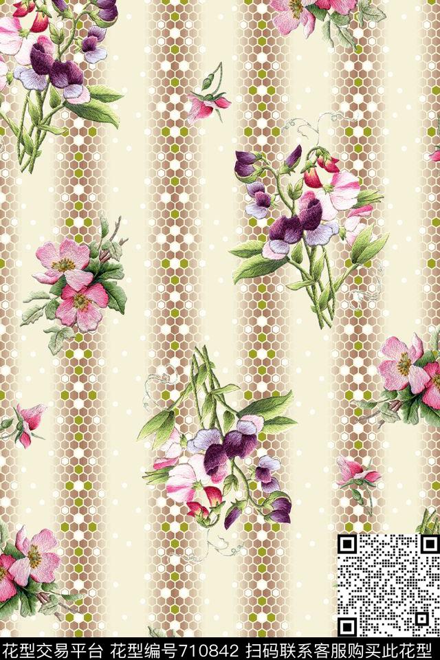 几何竖条花卉数码印花华亿平台下载（图片编号: 710842） - 瓦栏（Walan）