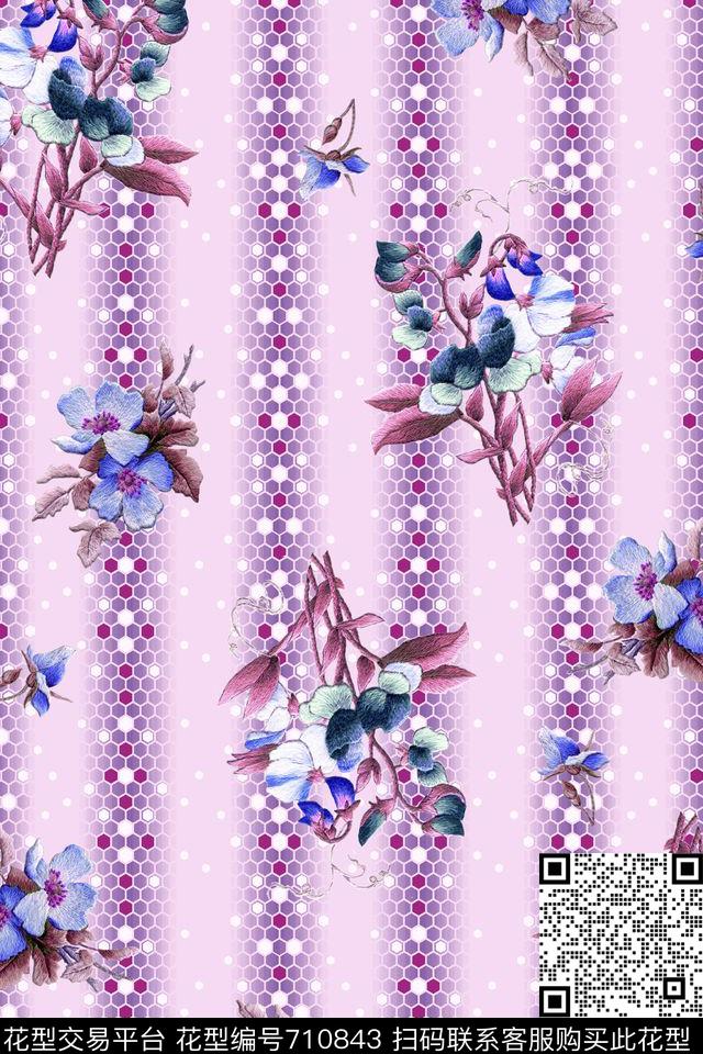 几何竖条花卉数码印花华亿平台下载（图片编号: 710843） - 瓦栏（Walan）