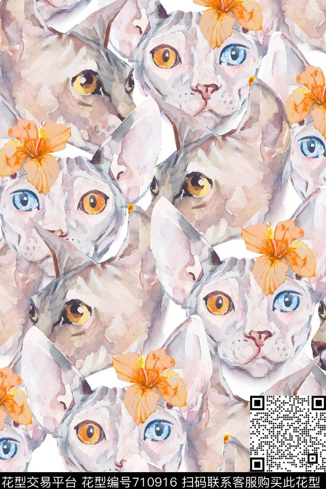 时尚女装水彩猫咪开爱喵咪头像数码印花华亿平台下载（图片编号: 710916） - 瓦栏（Walan）
