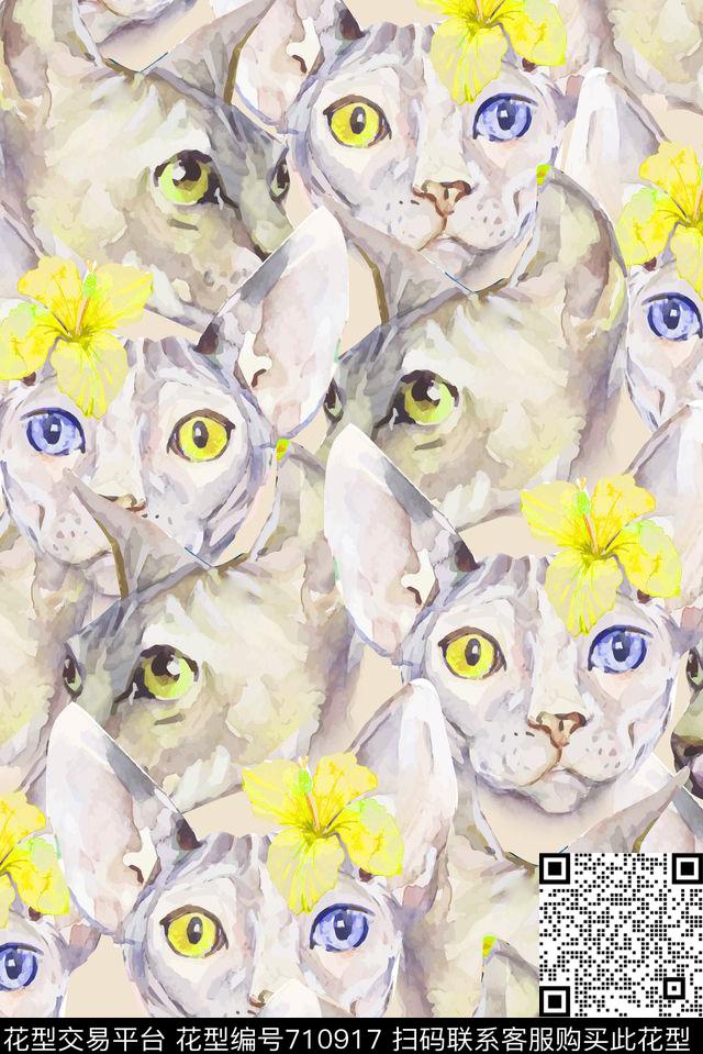 时尚女装水彩猫咪开爱喵咪头像数码印花华亿平台下载（图片编号: 710917） - 瓦栏（Walan）