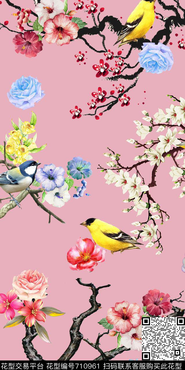 桃花花鸟枝条数码印花华亿平台下载（图片编号: 710961） - 瓦栏（Walan）