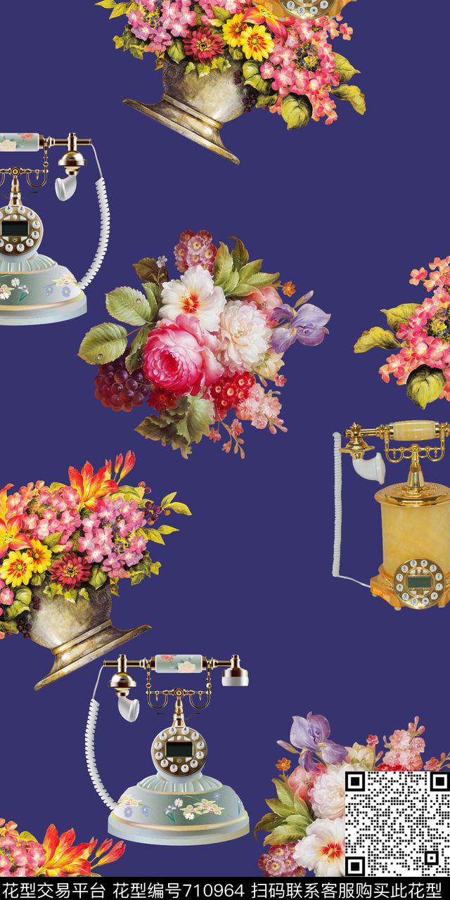 油画花卉复古电话机大牌数码印花华亿平台下载（图片编号: 710964） - 瓦栏（Walan）