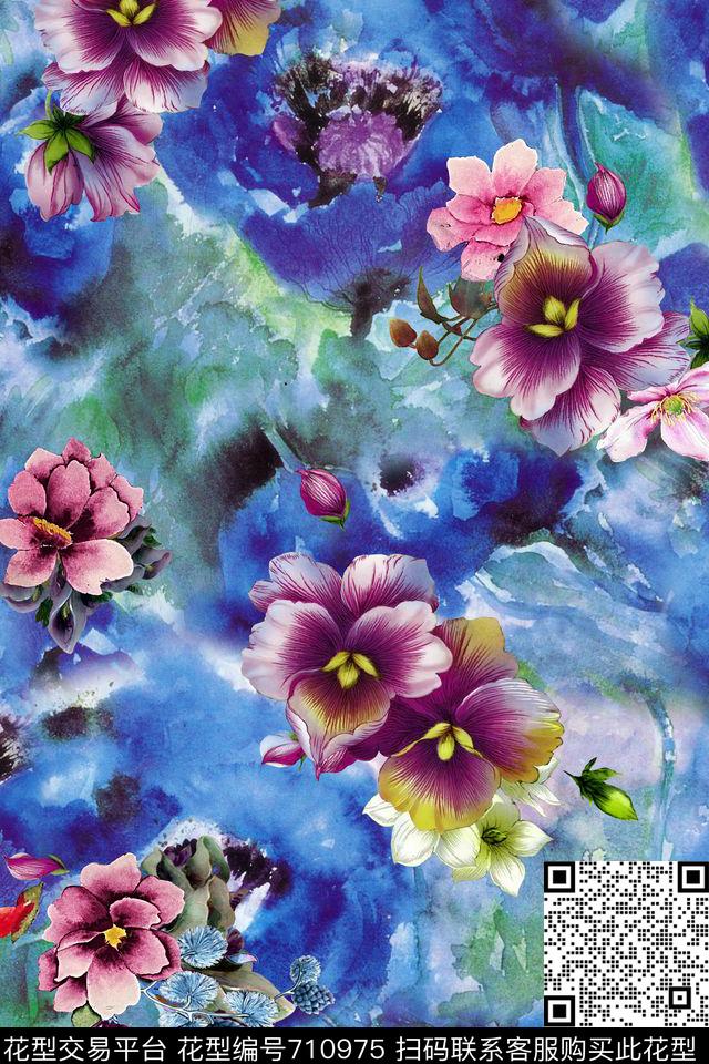 水彩花卉写实花朦胧底纹数码印花华亿平台下载（图片编号: 710975） - 瓦栏（Walan）