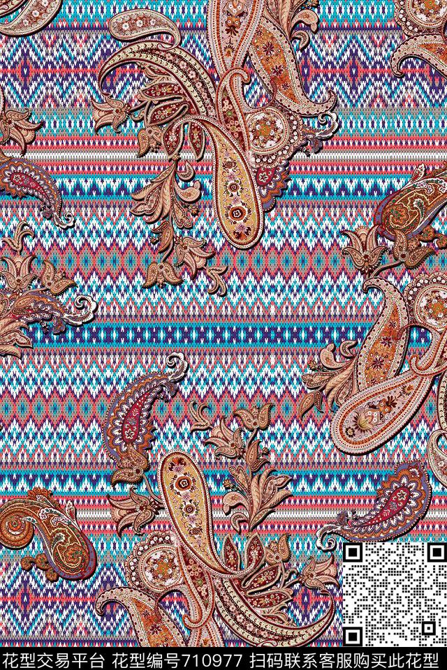 针织条纹腰果花数码印花华亿平台下载（图片编号: 710977） - 瓦栏（Walan）