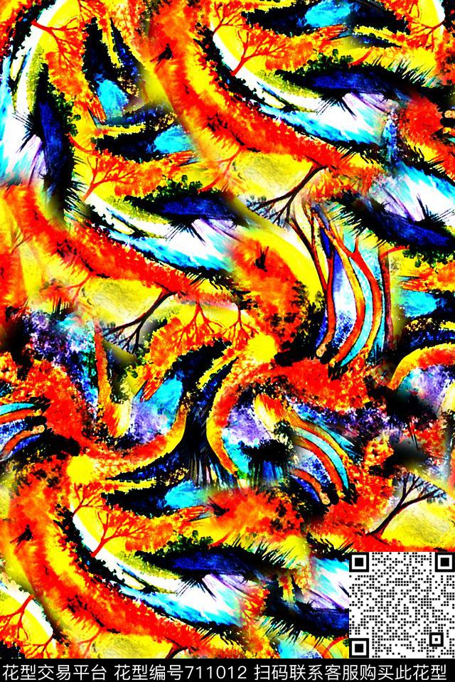 抽象手绘大头笔水彩画油画数码印花时尚潮流女装裙子肌理纹理印花彩绘彩色艳丽泳装印花数码印花华亿平台下载（图片编号: 711012） - 瓦栏（Walan）