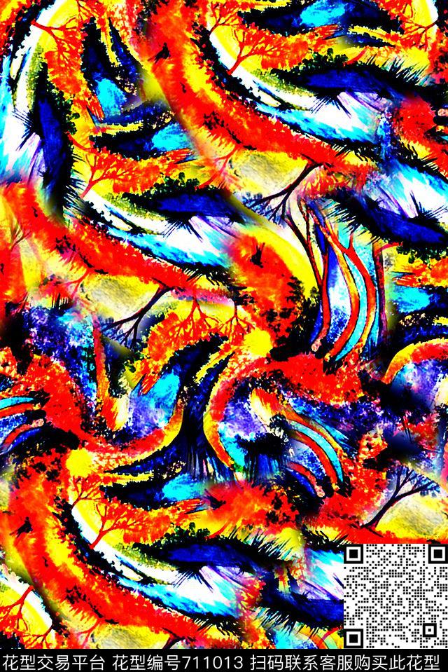 抽象手绘大头笔水彩画油画数码印花时尚潮流女装裙子肌理纹理印花彩绘彩色艳丽泳装印花数码印花华亿平台下载（图片编号: 711013） - 瓦栏（Walan）