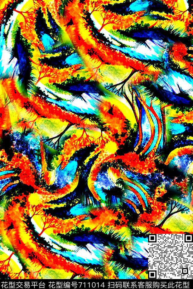 抽象手绘大头笔水彩画油画数码印花时尚潮流女装裙子肌理纹理印花彩绘彩色艳丽泳装印花数码印花华亿平台下载（图片编号: 711014） - 瓦栏（Walan）