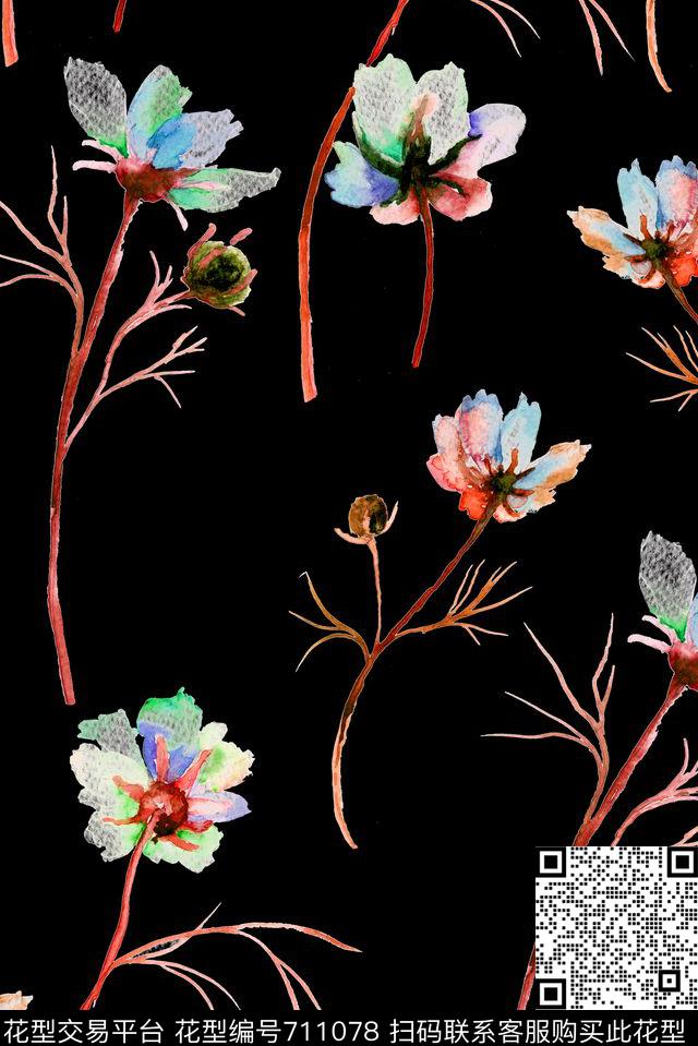 手绘花卉整齐数码印花华亿平台下载（图片编号: 711078） - 瓦栏（Walan）
