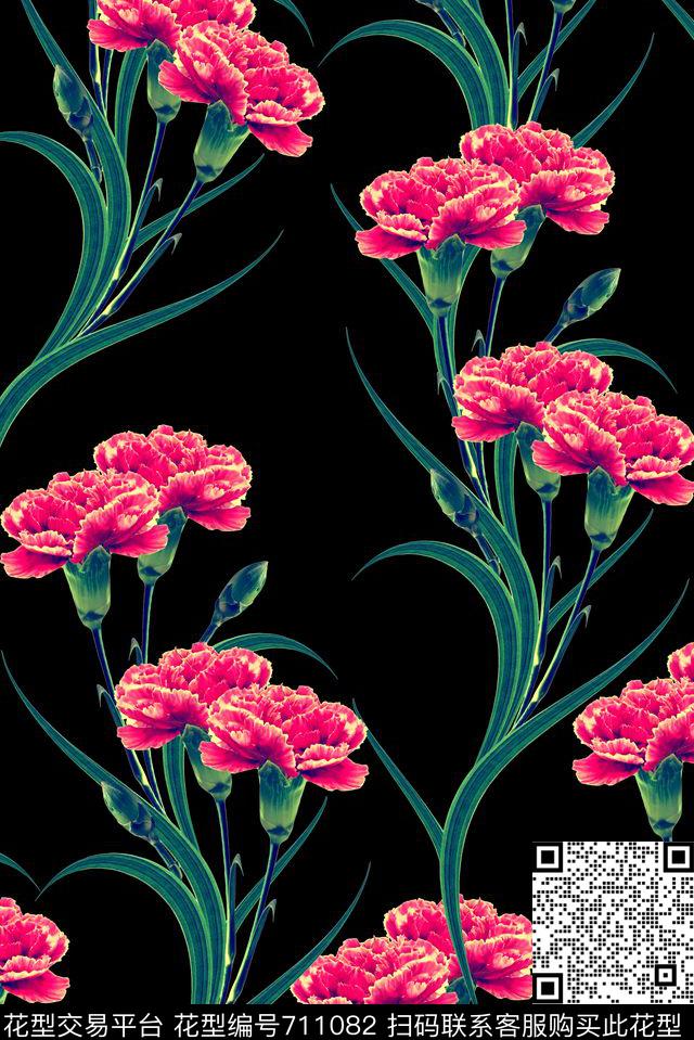 清爽手绘康乃馨数码印花华亿平台下载（图片编号: 711082） - 瓦栏（Walan）