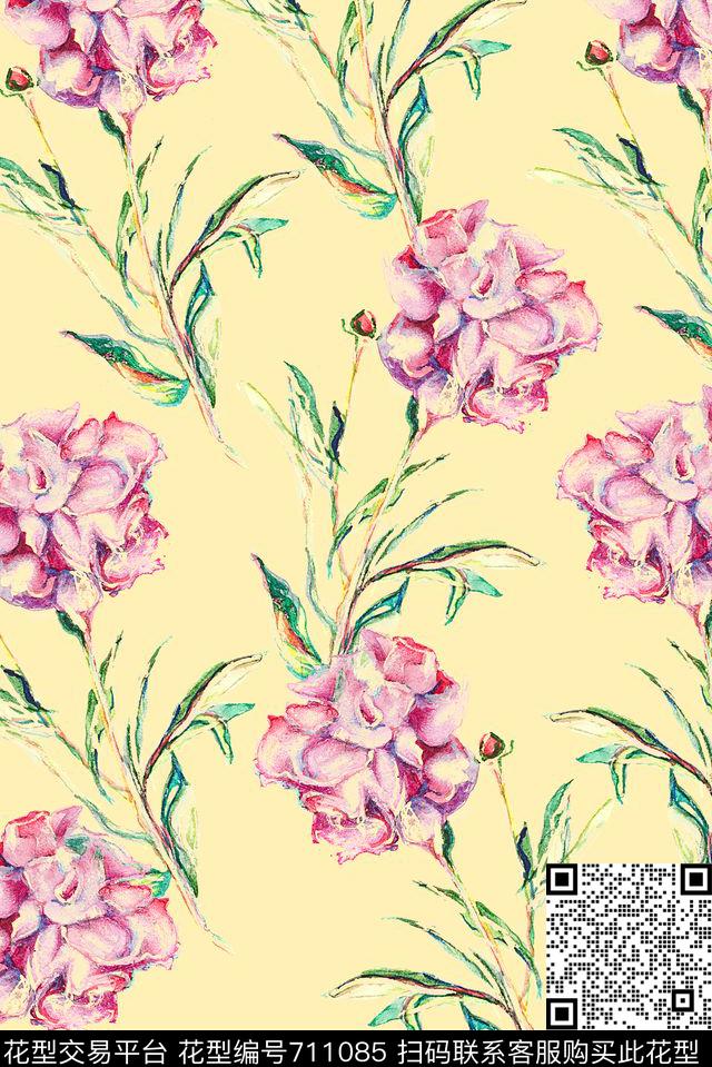 清爽手绘花卉数码印花华亿平台下载（图片编号: 711085） - 瓦栏（Walan）