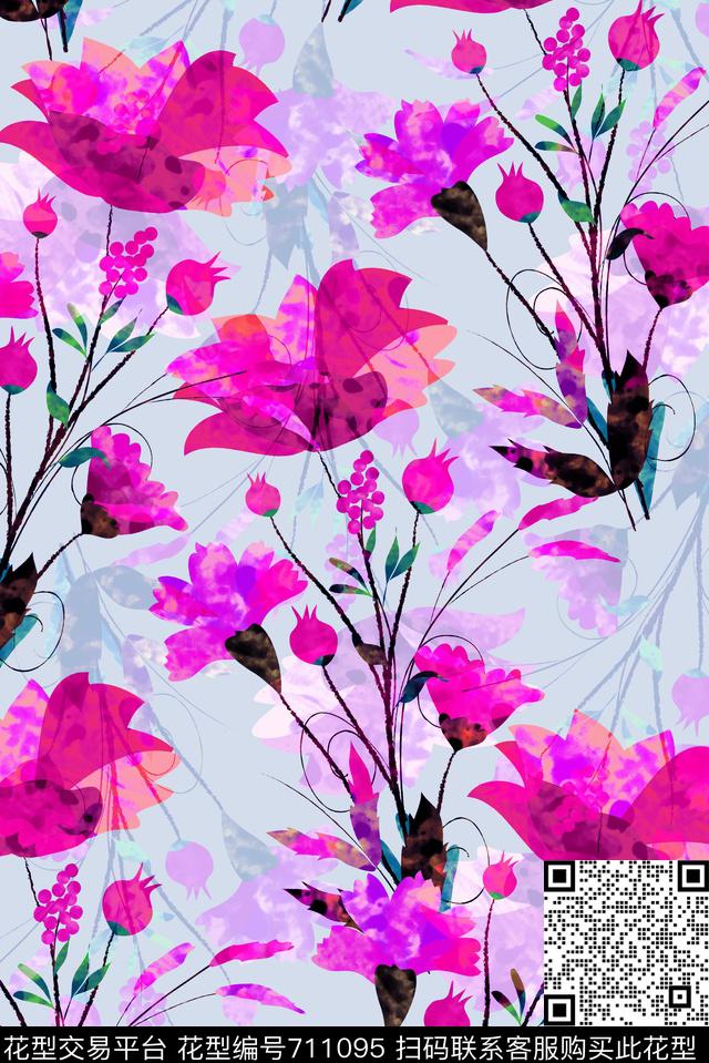 手绘平扁花卉数码印花华亿平台下载（图片编号: 711095） - 瓦栏（Walan）