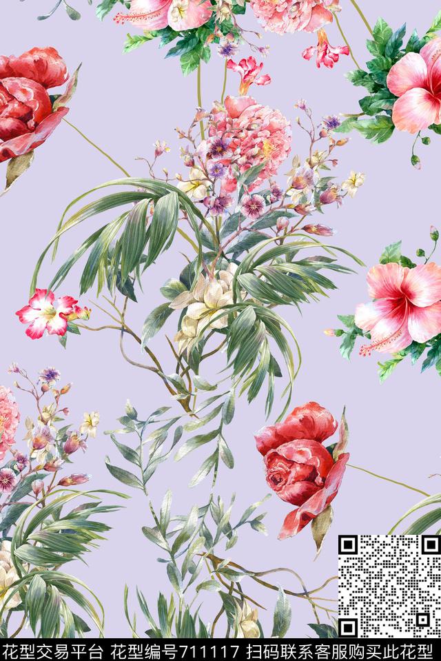 手绘绿叶植物数码印花华亿平台下载（图片编号: 711117） - 瓦栏（Walan）