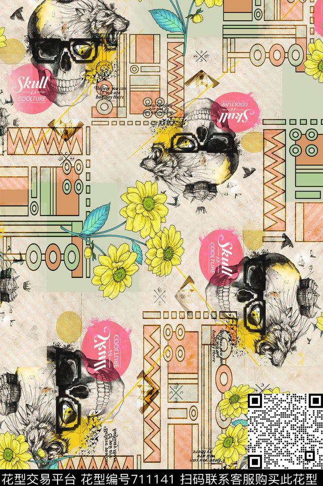 骷髅花卉抽象几何数码印花华亿平台下载（图片编号: 711141） - 瓦栏（Walan）