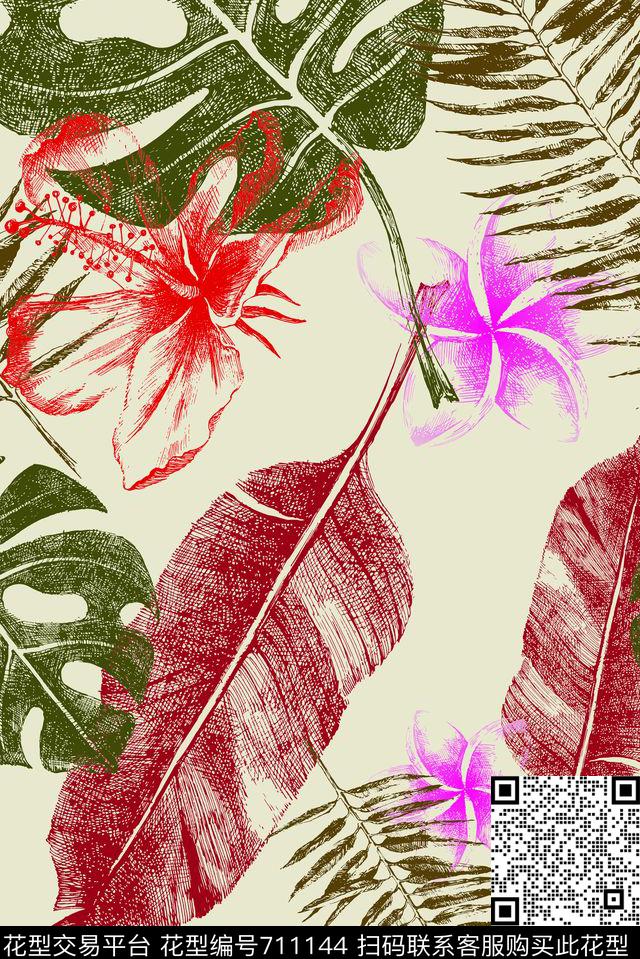 线描绿叶植物花数码印花华亿平台下载（图片编号: 711144） - 瓦栏（Walan）