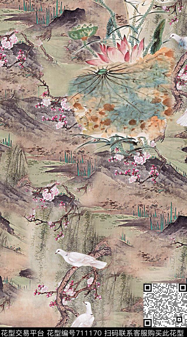 时尚抽象手绘彩绘中国风数码印花时尚潮流女装裙子外套复古动物柳树荷花水墨画印花时尚潮流国际欧美大牌外套牡丹花卉花鸟印花数码印花华亿平台下载（图片编号: 711170） - 瓦栏（Walan）