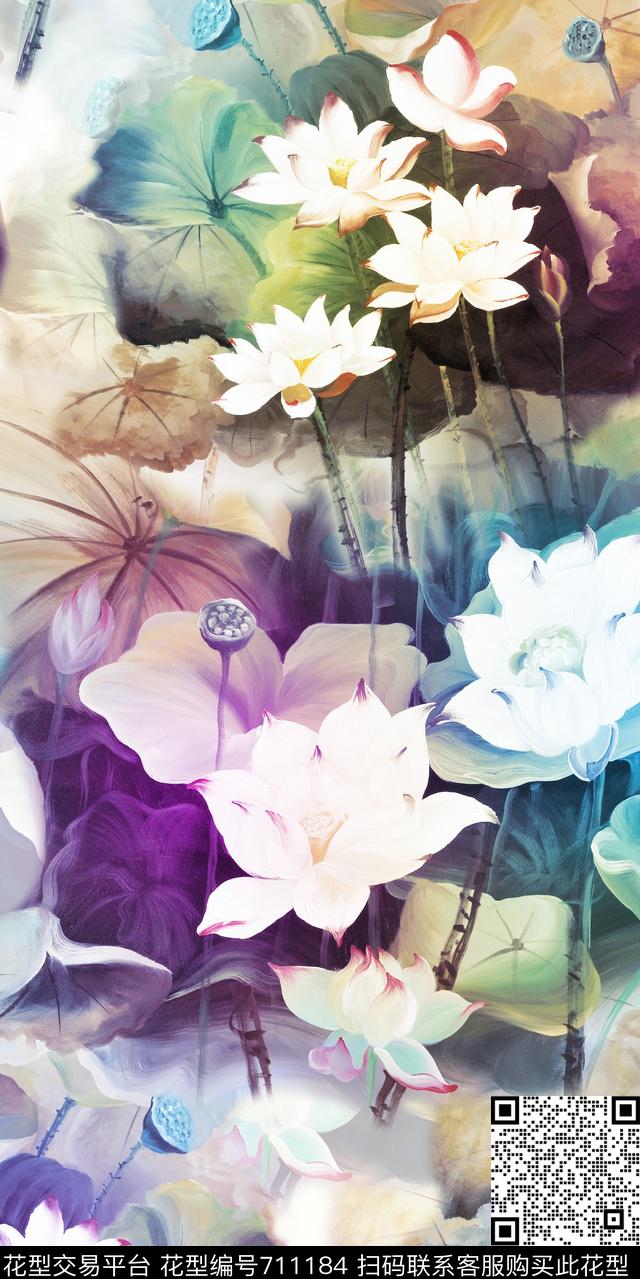 荷花荷叶莲蓬数码印花华亿平台下载（图片编号: 711184） - 瓦栏（Walan）